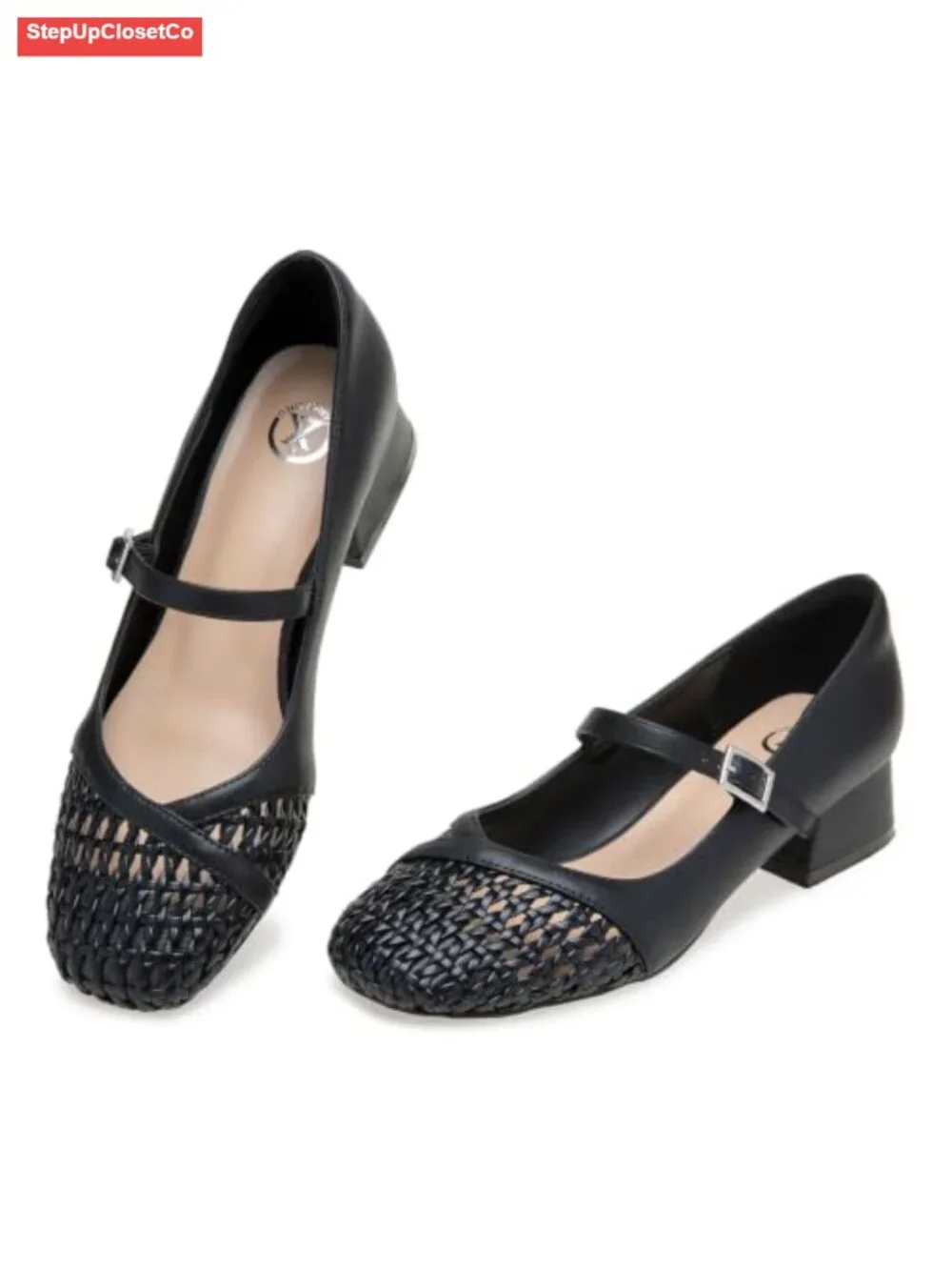 Women's Mary Jane Pumps Woven Toe Low Block Heel Dress Shoes